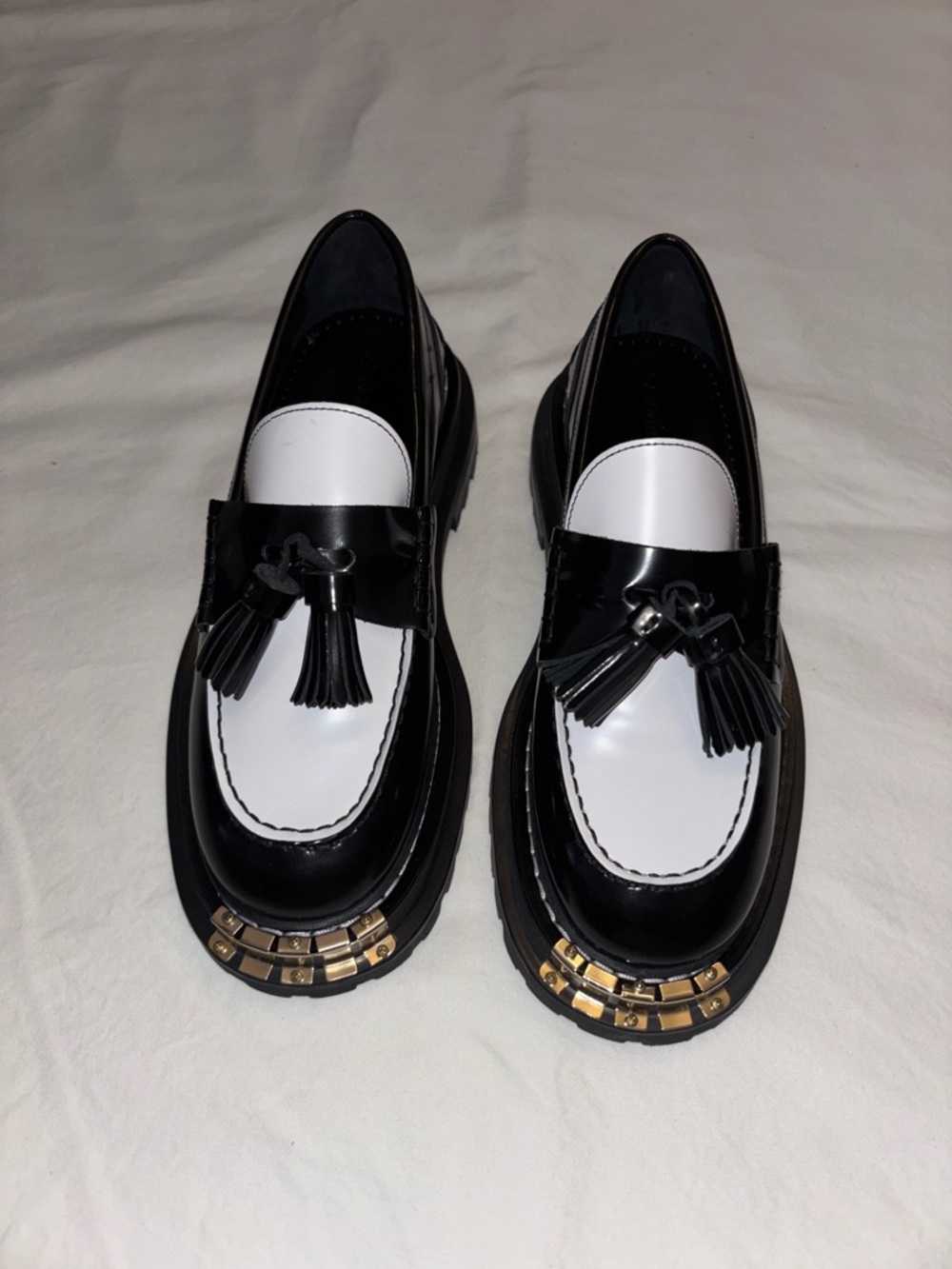 Sandro Paris Black and White Tassel Loafers with Gold Trim 39